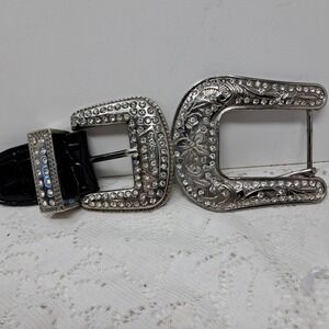 2‎ Sparkling Rhinestone Western Belt BuckleS with Black Croc Embossed Leather